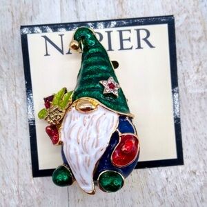 BNWT NAPIER GREEN & RED ENAMEL & CRYSTAL CHRISTMAS GNOME BROOCH